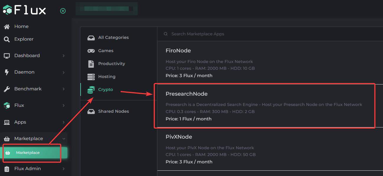 flux marketplace Presearch node